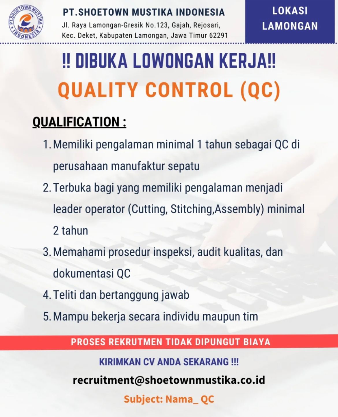 Foto: LOKER PT. SHOETOWN MUSTIKA INDONESIA