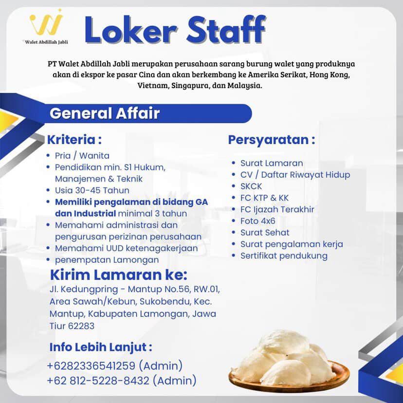 Foto: LOKER PT. WALET ABDILLAH JABLI
