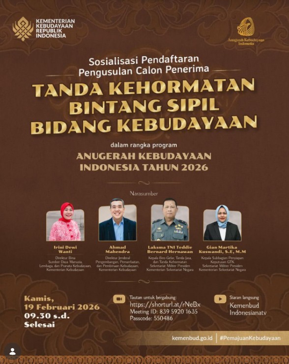 Foto: Sosialisasi Pendaftaran Pengusulan Calon Penerima Tanda Kehormatan Bintang Sipil Bidang Kebudayaan dalam rangka Anugerah Kebudayaan Indonesia (AKI) 2026.