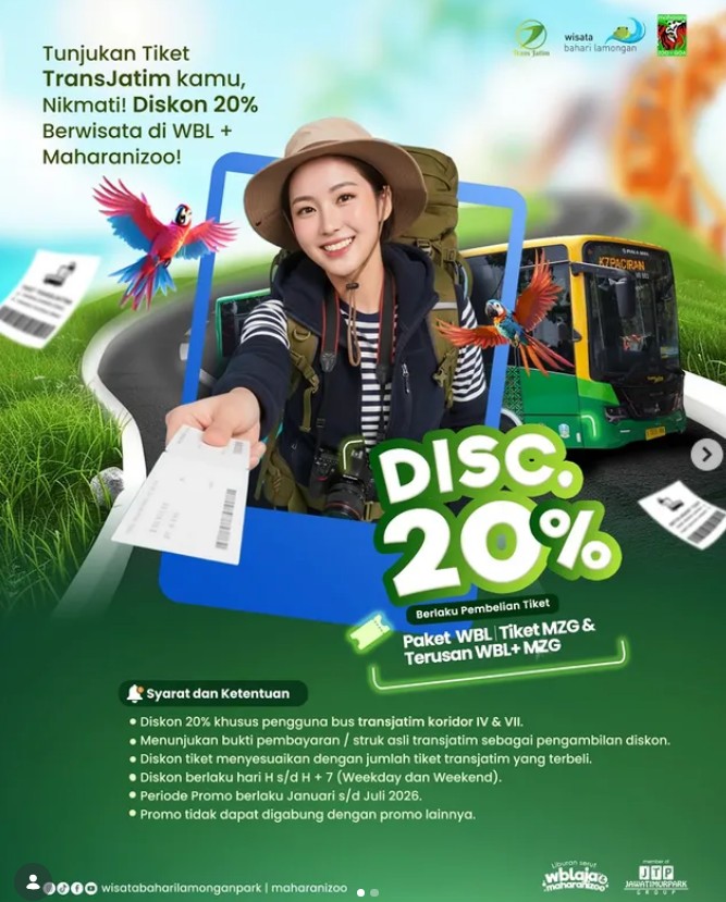 Foto: 🚌✨ Tunjukkan tiket TransJatim kamu & nikmati DISKON 20% masuk WBL & Maharani Zoo 🦜🎢 Khusus pengguna Bus TransJatim Koridor IV & VII. Promo berlaku Januari – Juli 2026.