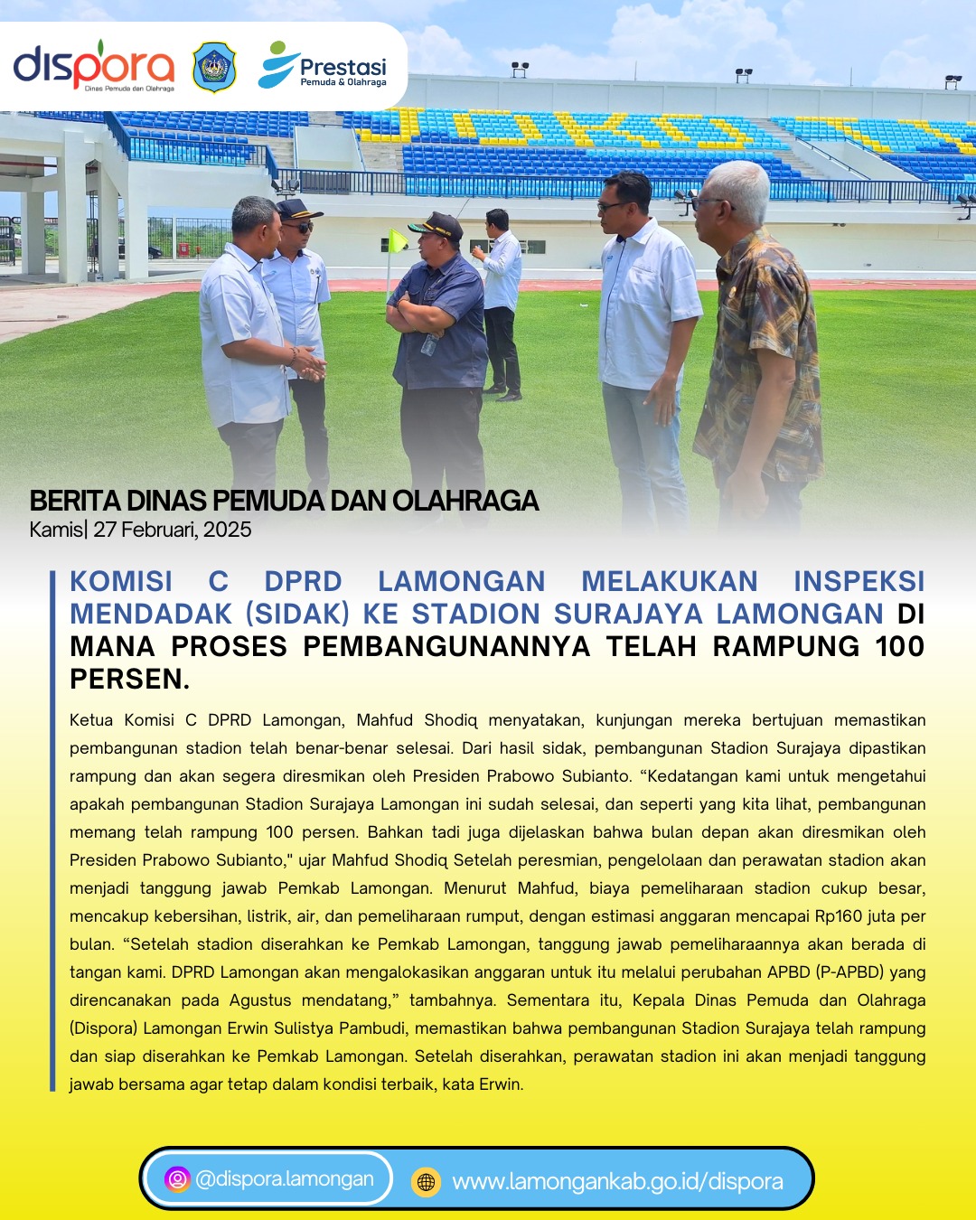 Komisi C DPRD Lamongan melakukan inspeksi mendadak (sidak) ke Stadion Surajaya Lamongan di mana p...