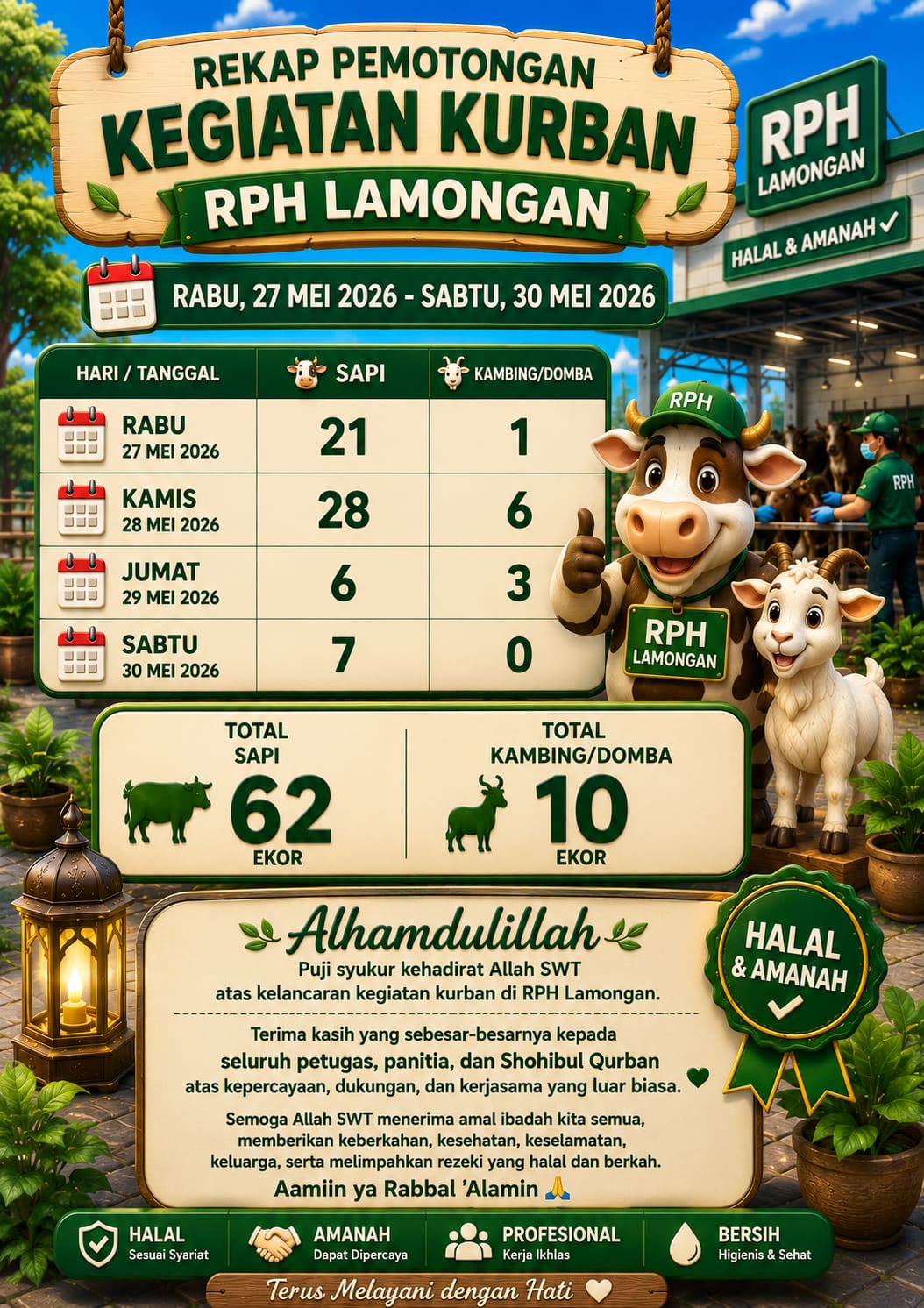 Foto: RPH Lamongan Selesaikan Pemotongan 72 Hewan Kurban dengan Lancar dan Amanah