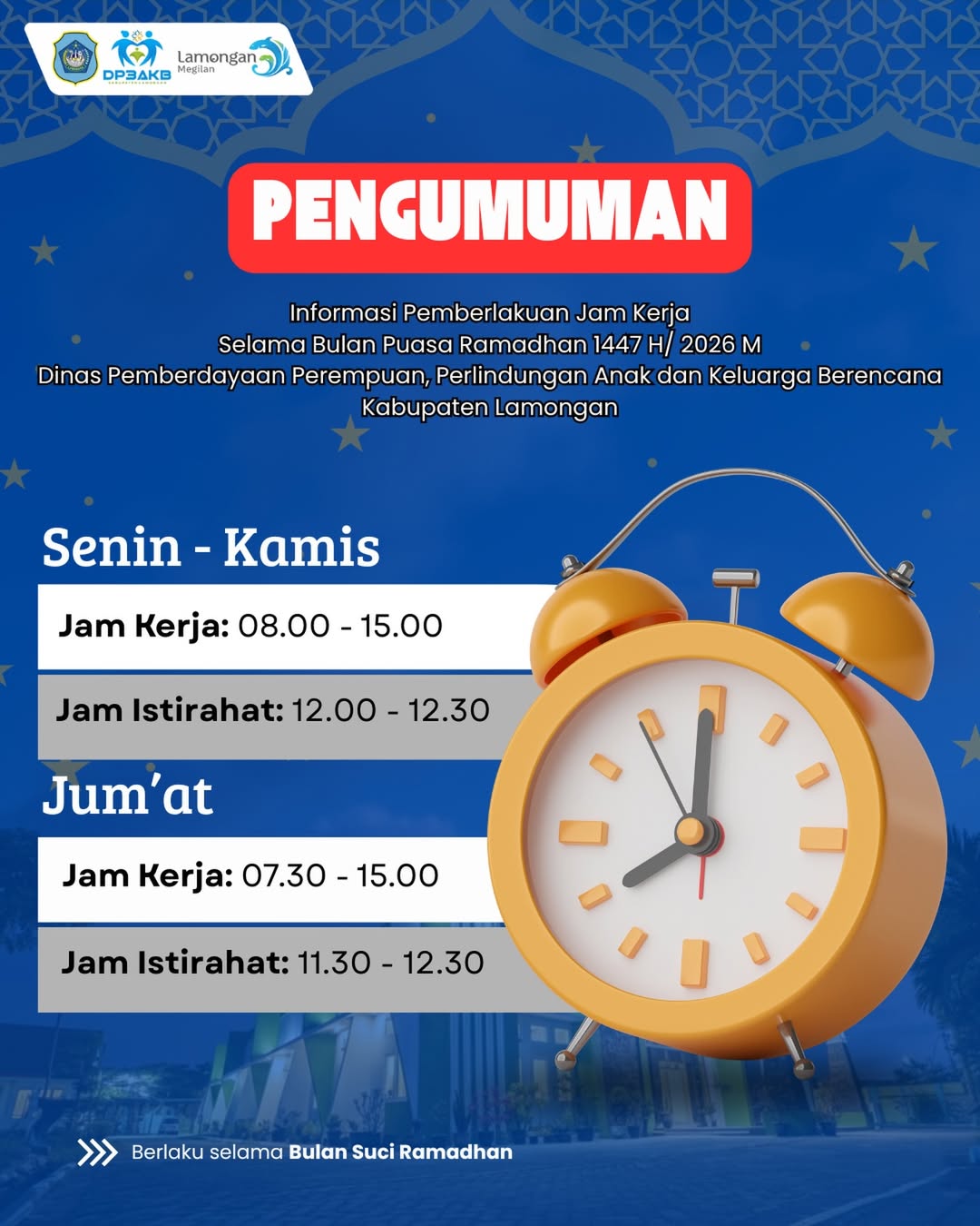 Foto: PENGUMUMAN JAM KERJA SELAMA RAMADHAN DP3AKB KABUPATEN LAMONGAN