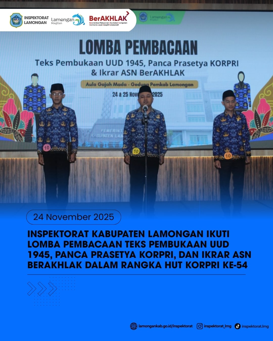 Foto: INSPEKTORAT KABUPATEN LAMONGAN IKUTI LOMBA PEMBACAAN TEKS PEMBUKAAN UUD 1945, PANCA PRASETYA KORPRI, DAN IKRAR ASN BERAKHLAK DALAM RANGKA HUT KORPRI KE-54