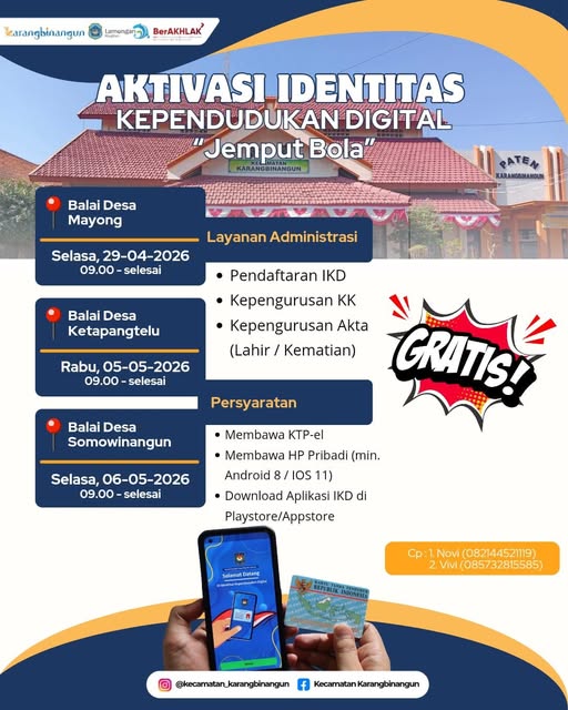 Foto: Jadwal Jemput Bola Pelayanan Adminduk & Aktivasi IKD Ds. Mayong, Ds. Ketapangtelu, Ds. Somowinangun