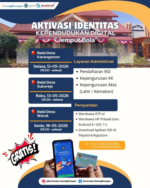 Foto: Jadwal Jemput Bola Pelayanan Adminduk & Aktivasi IKD Ds. Karanganom, Ds. Sukorejo, Ds. Waruk