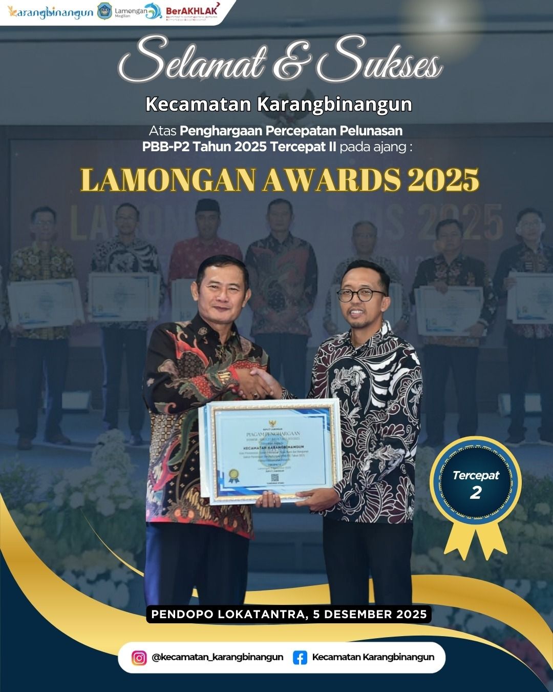Foto: Selamat dan Sukses atas Penghargaan Percepatan Pelunasan PBB P-2 Tahun 2025 Tercepat II pada ajang Lamongan Awards 2025