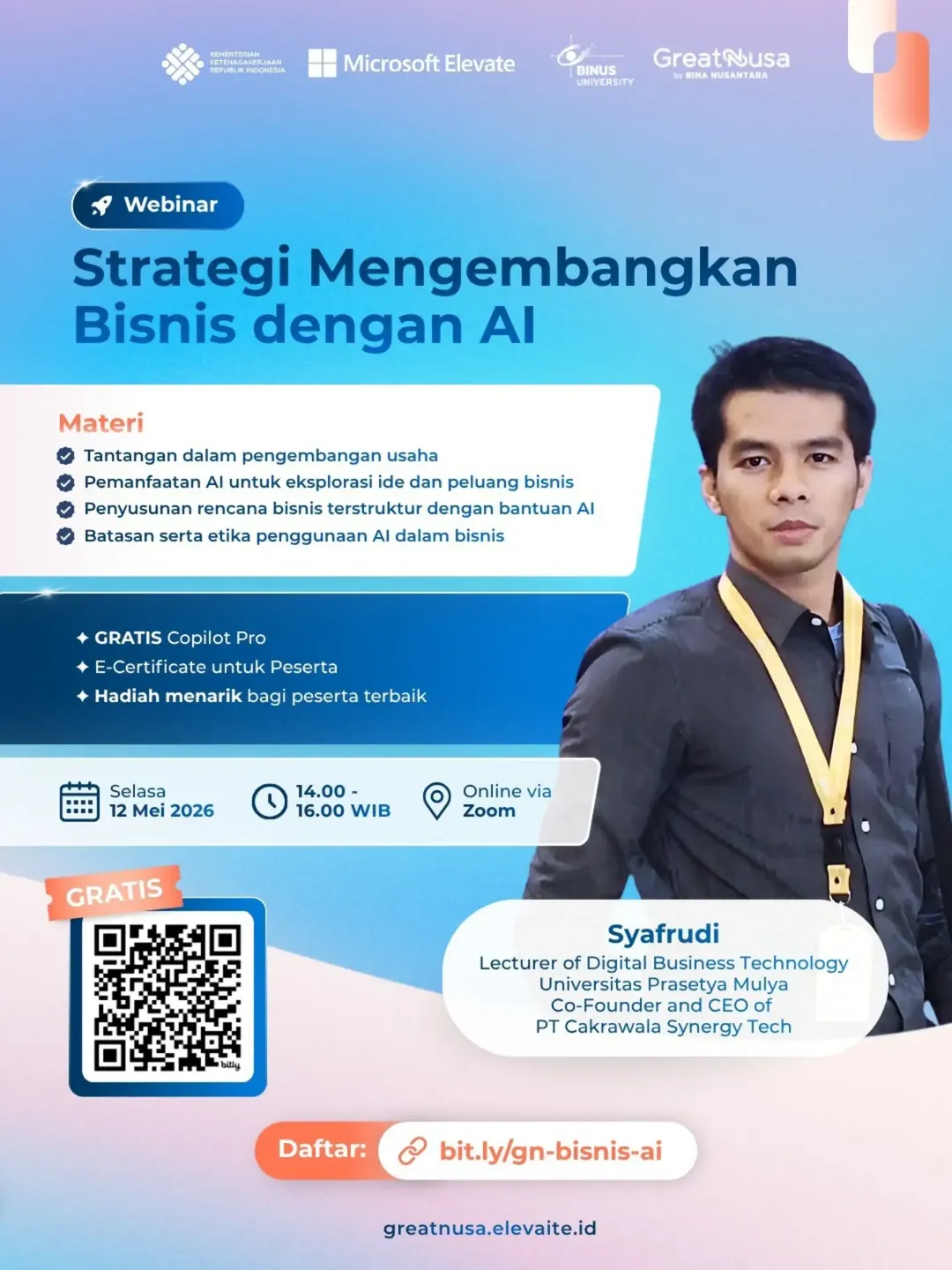 Foto: Yuk, ikuti Webinar “𝐒𝐭𝐫𝐚𝐭𝐞𝐠𝐢 𝐌𝐞𝐧𝐠𝐞𝐦𝐛𝐚𝐧𝐠𝐤𝐚𝐧 𝐁𝐢𝐬𝐧𝐢𝐬 𝐝𝐞𝐧𝐠𝐚𝐧 𝐀𝐈”