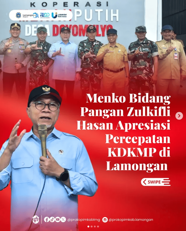 Foto: Menko Bidang Pangan Zulkifli Hasan Apresiasi Percepatan KDKMP di Lamongan