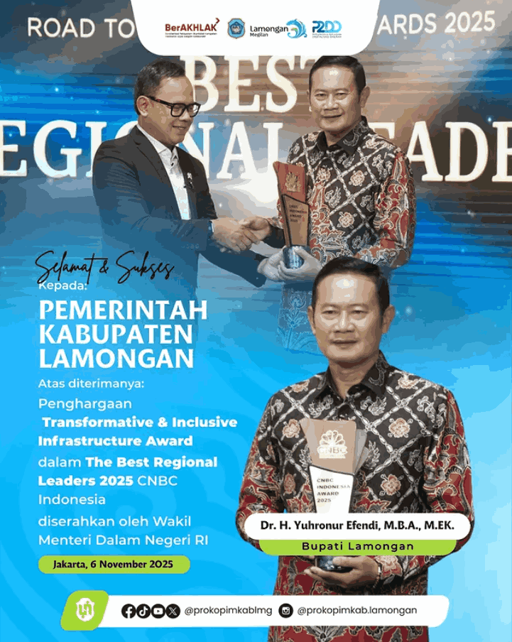 Foto: Pemerintah Kabupaten Lamongan kembali menorehkan prestasi nasional dengan meraih Transformative & Inclusive Infrastructure Award dalam ajang The Best Regional Leaders 2025 CNBC Indonesia.
