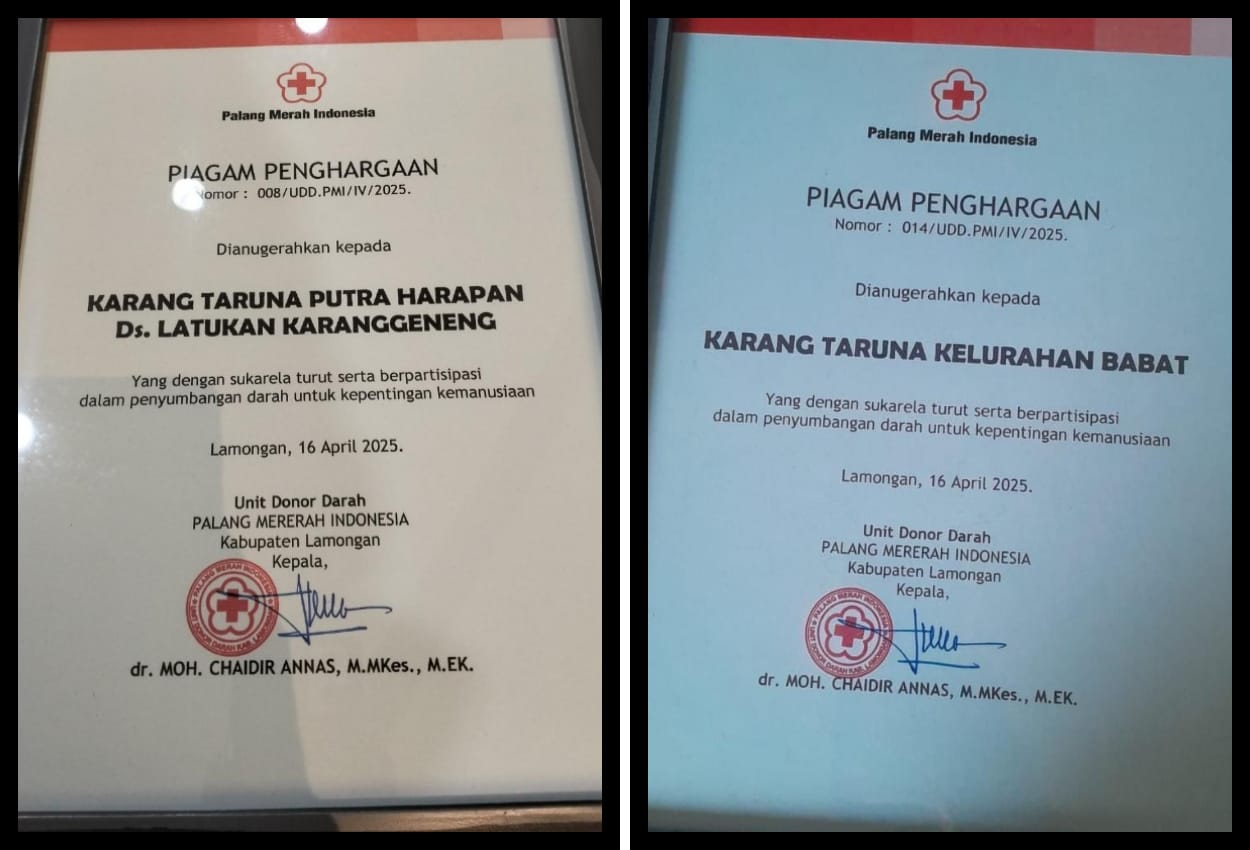 Karang Taruna Latukan dan Babat Raih Penghargaan dari PMI, Ketua Karang Taruna Kabupaten Lamongan : Ini Bukti Pemuda Bisa Jadi Garda Terdepan Kemanusiaan