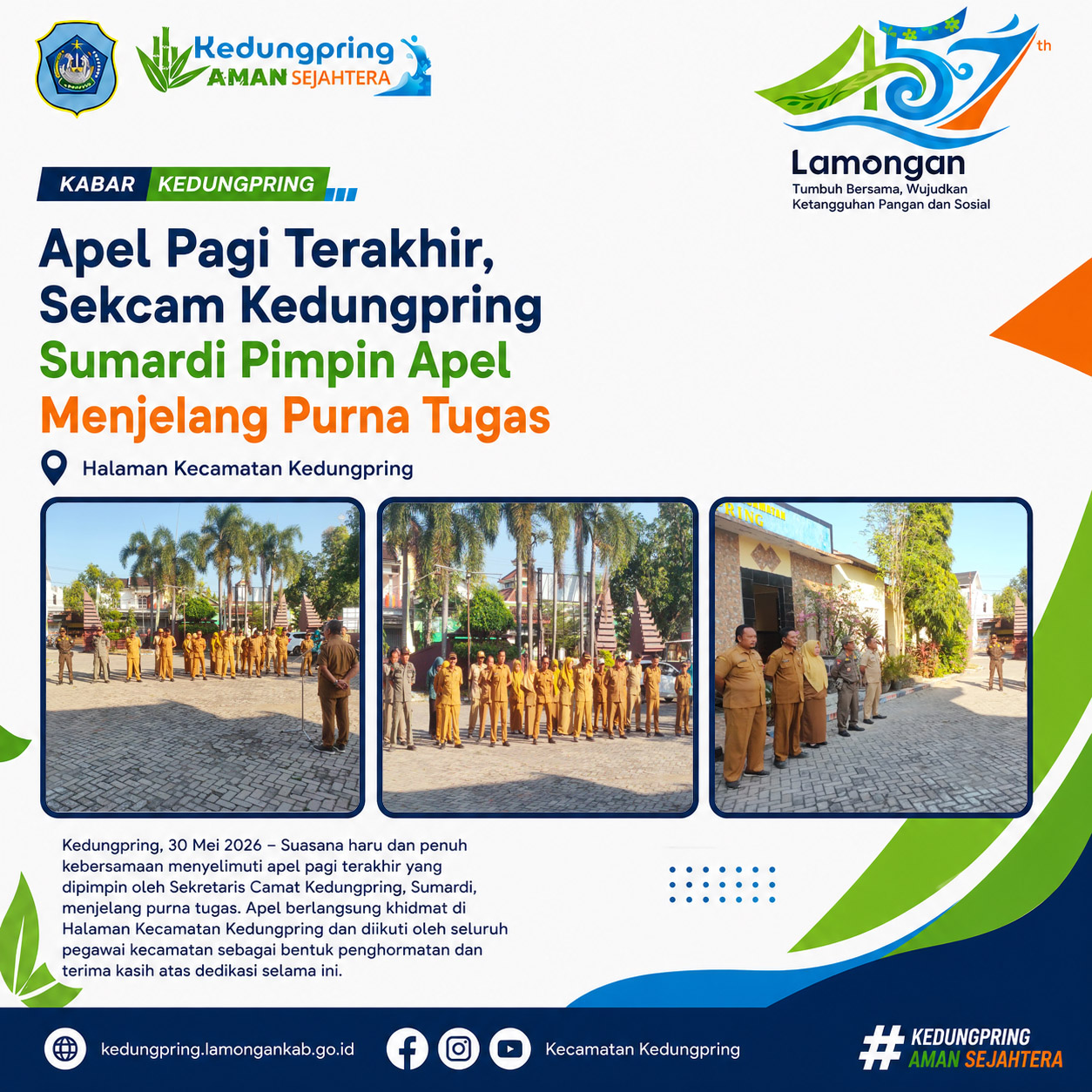 Foto: Apel Pagi Terakhir, Sekcam Kedungpring Sumardi Pimpin Apel Menjelang Purna Tugas