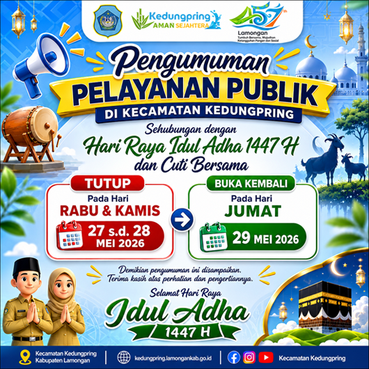 Foto: Pengumuman Pelayanan Publik Kecamatan Kedungpring Tutup Sementara Saat Hari Raya Idul Adha 1447 H