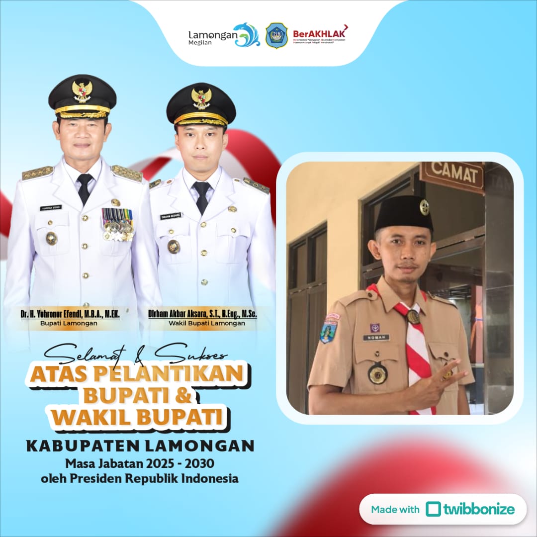 Selamat dan Sukses atas pelantikan Dr. Yuhronur Efendi, MBA.,M.EK sebagai Bupati Lamongan dan Dirham Akbar Aksara, S.T.,B.Eng.,M.Sc sebagai Wakil Bupati Lamongan untuk periode 2025-2030.