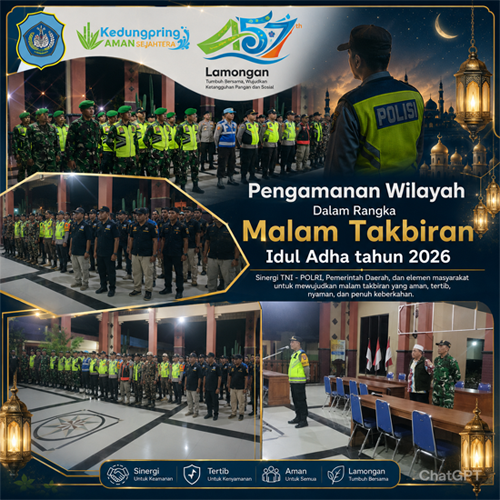 Foto: Apel Pengamanan Wilayah Malam Takbiran Idul Adha 2026 Digelar di Pendopo Kecamatan Kedungpring