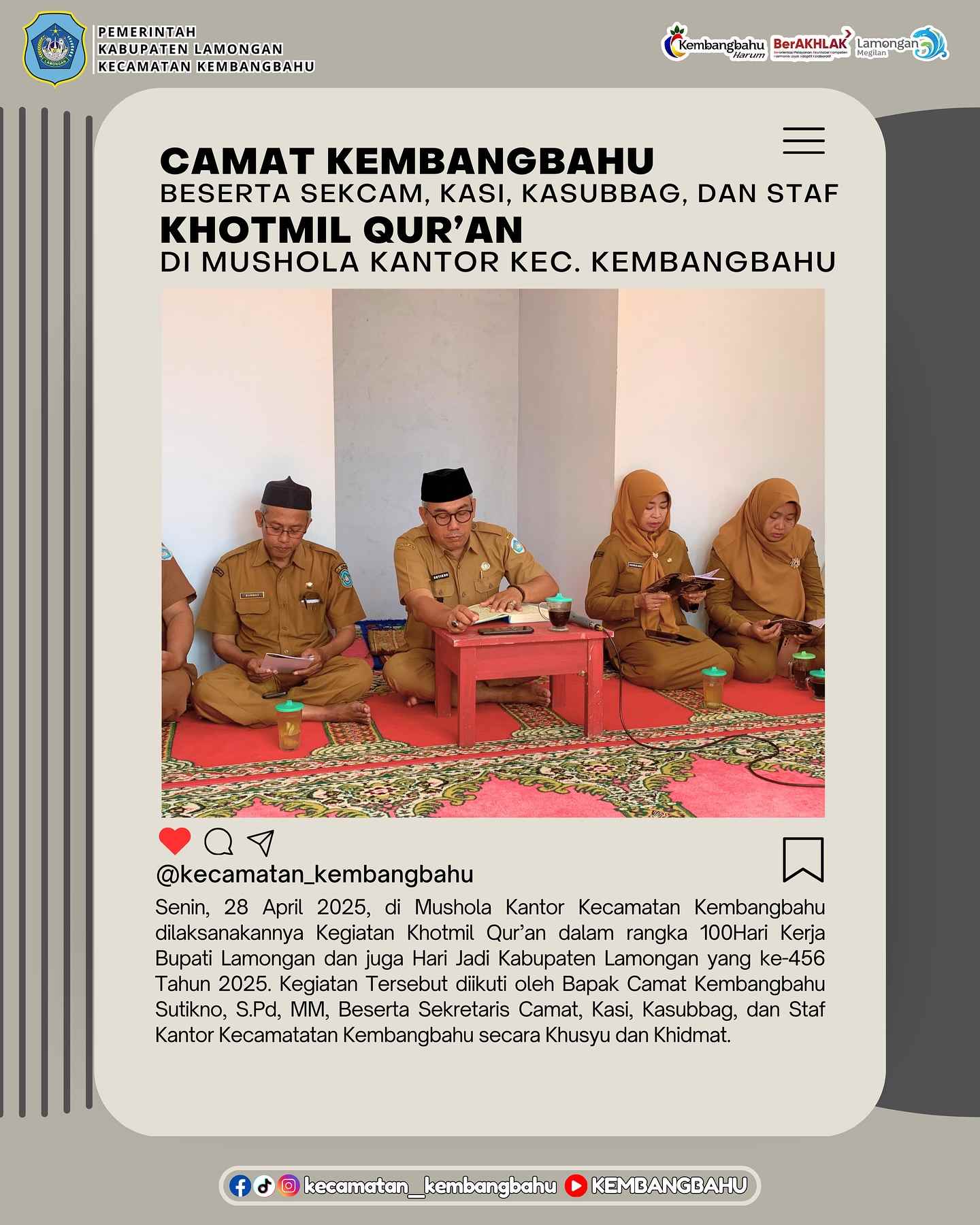 KHOTMIL QUR'AN MEMPERINGATI 100HARI KERJA BUPATI DAN WAKIL BUPATI LAMONGAN DAN MEMPERINGATI HARI JADI KABUPATEN LAMONGAN