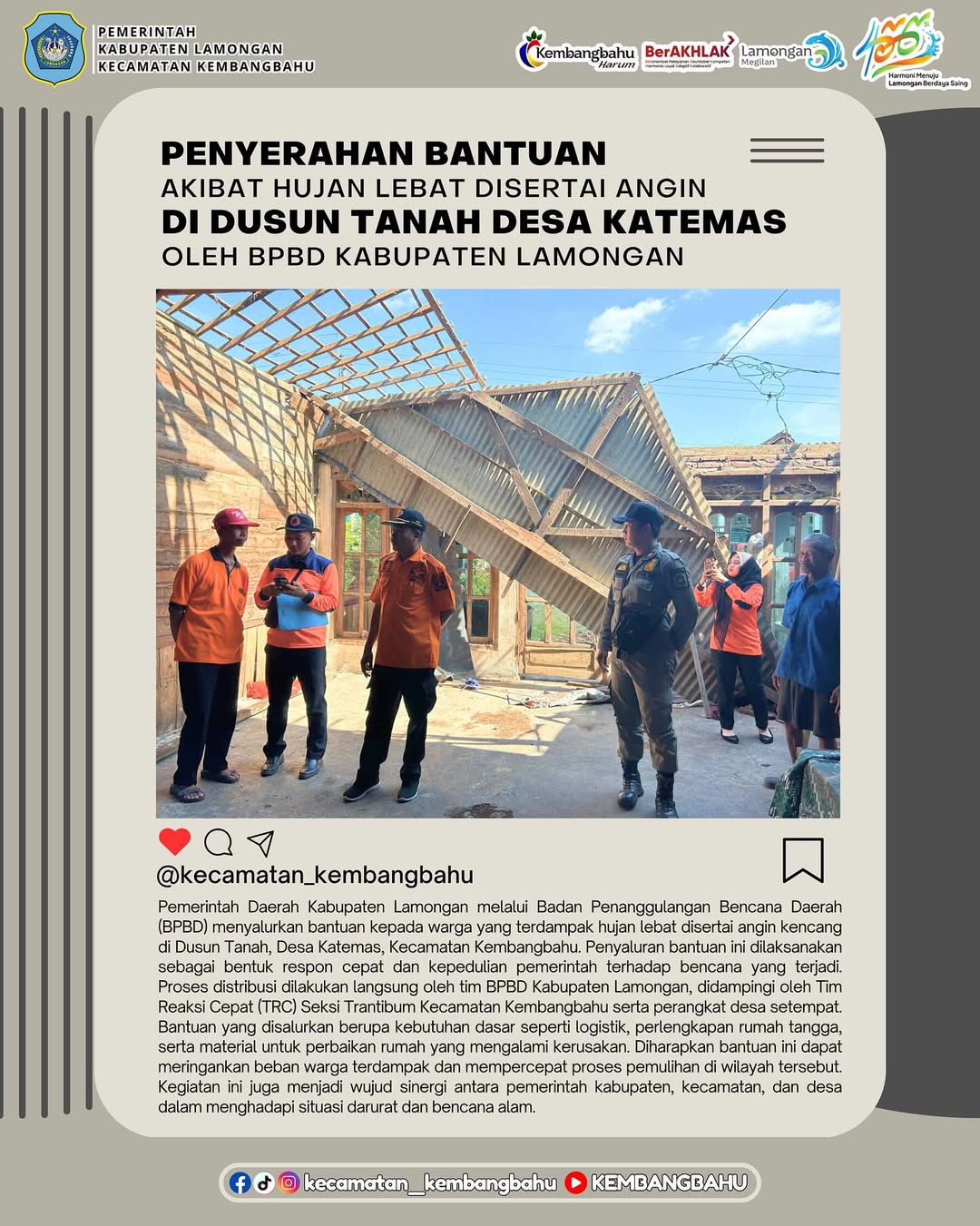 PENYERAHAN BANTUAN DARI PEMKAB LAMONGAN OLEH BPBD KAB LAMONGAN KEPADA WARGA YANG TERDAMPAK BENCAN...