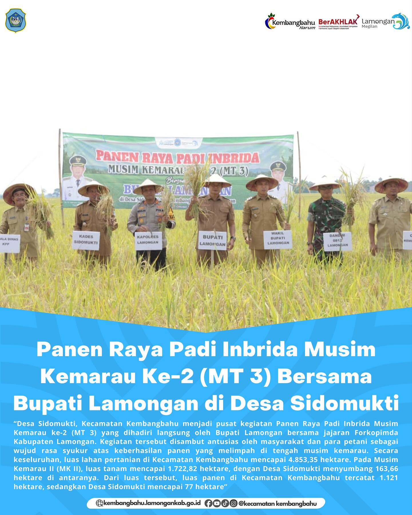Panen Raya Padi Inbrida Musim Kemarau Ke-2 (MT 3) Bersama Bupati Lamongan di Desa Sidomukti Kecam...