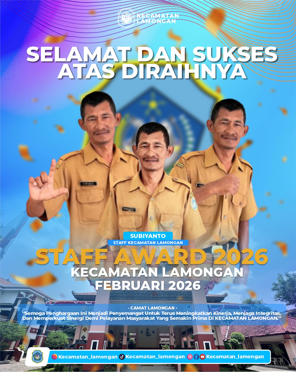 Foto: Subiyanto Raih Penghargaan Staff Award 2026 Kecamatan Lamongan Bulan Februari