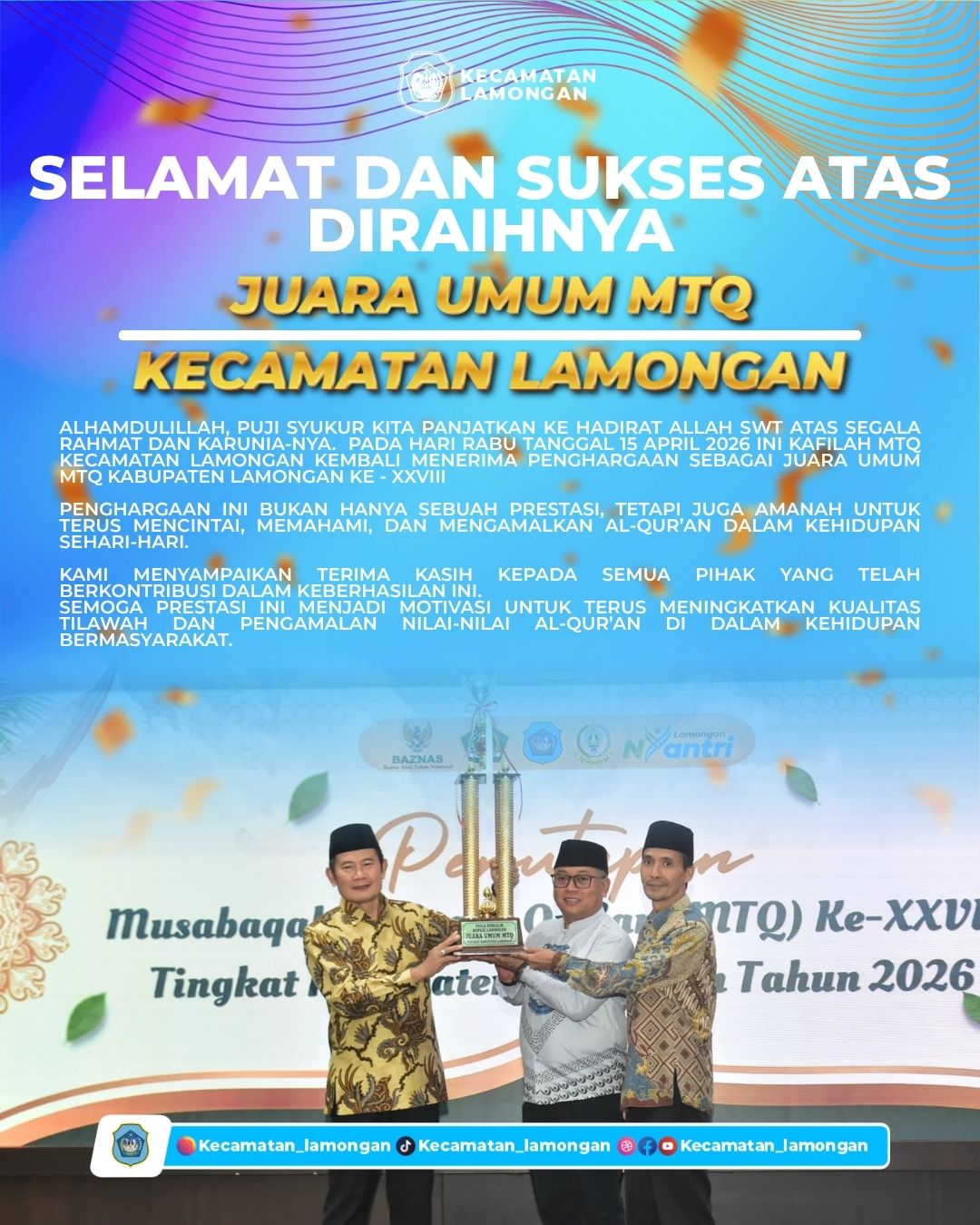 Foto: Kecamatan Lamongan Raih Juara Umum MTQ XXVIII Kabupaten Lamongan Tahun 2026