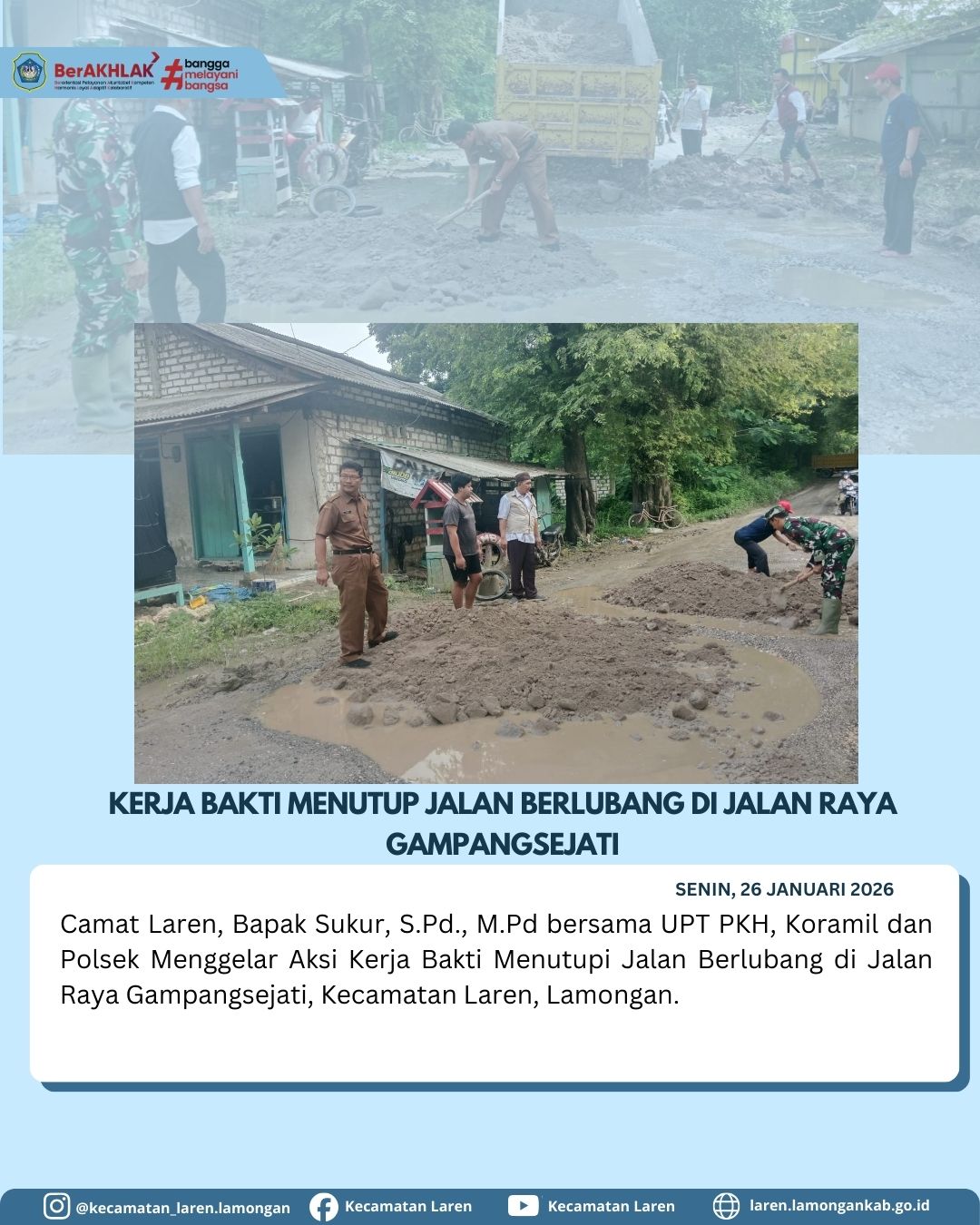 Foto: Camat Laren Bersama TNI-Polri Gelar Kerja Bakti Perbaiki Jalan Berlubang di Gampangsejati