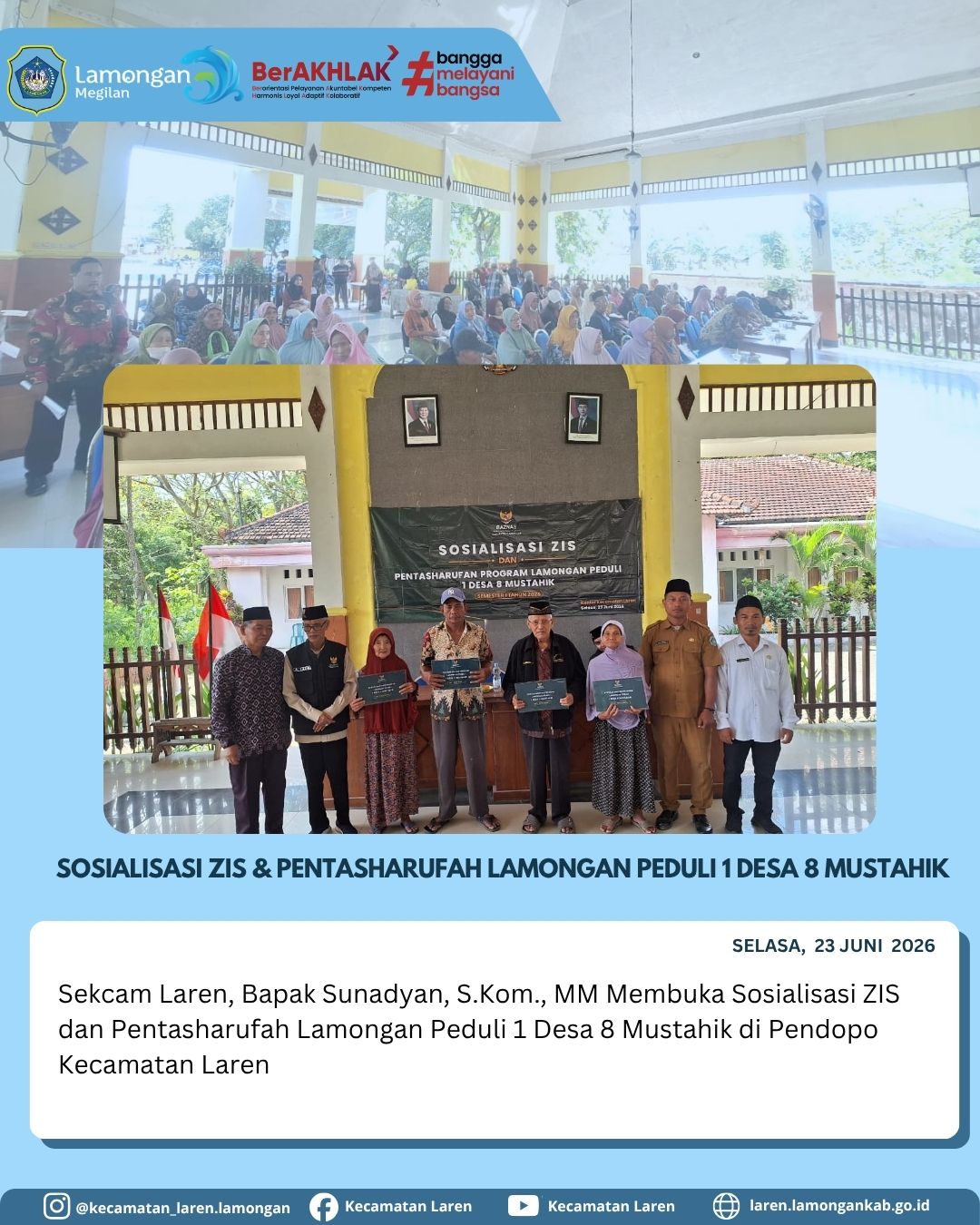 Foto: Sekcam Laren Buka Sosialisasi ZIS dan Pentasharufan Program Lamongan Peduli di Pendopo Kecamatan