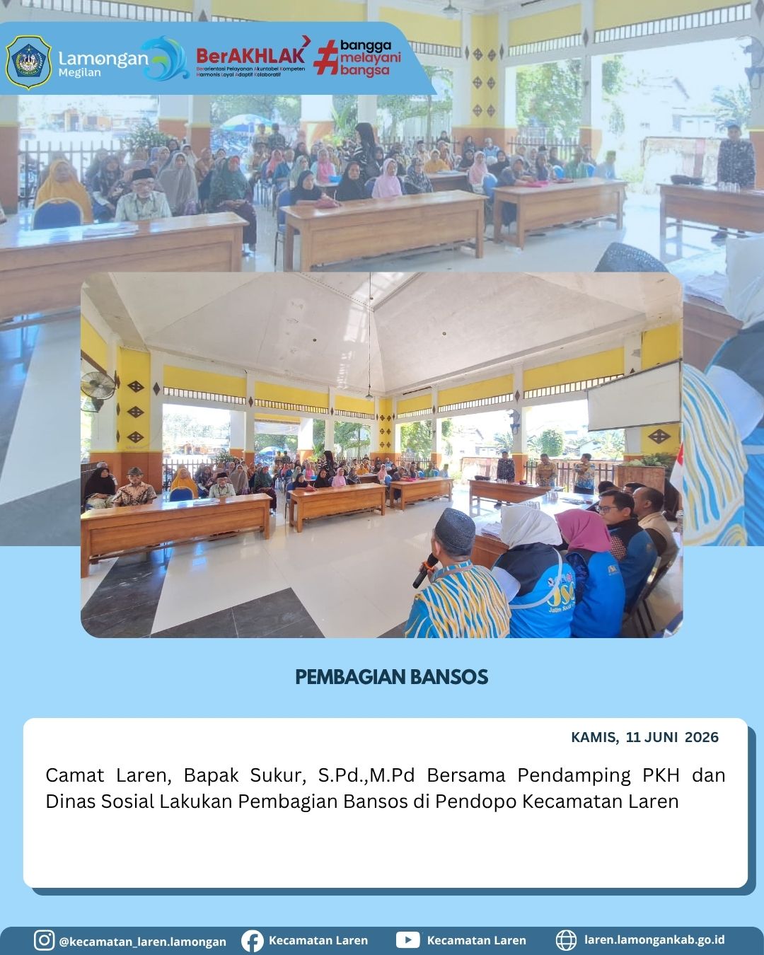 Wujud Kepedulian, Camat Laren Bersama Dinas Sosial dan Pendamping PKH Salurkan Bansos di Pendopo Kecamatan