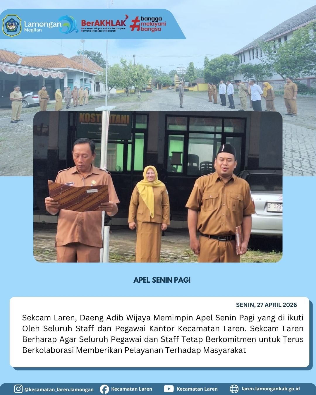 Foto: Tingkatkan Kedisiplinan dan Sinergi, Sekcam Laren Pimpin Apel Senin Pagi