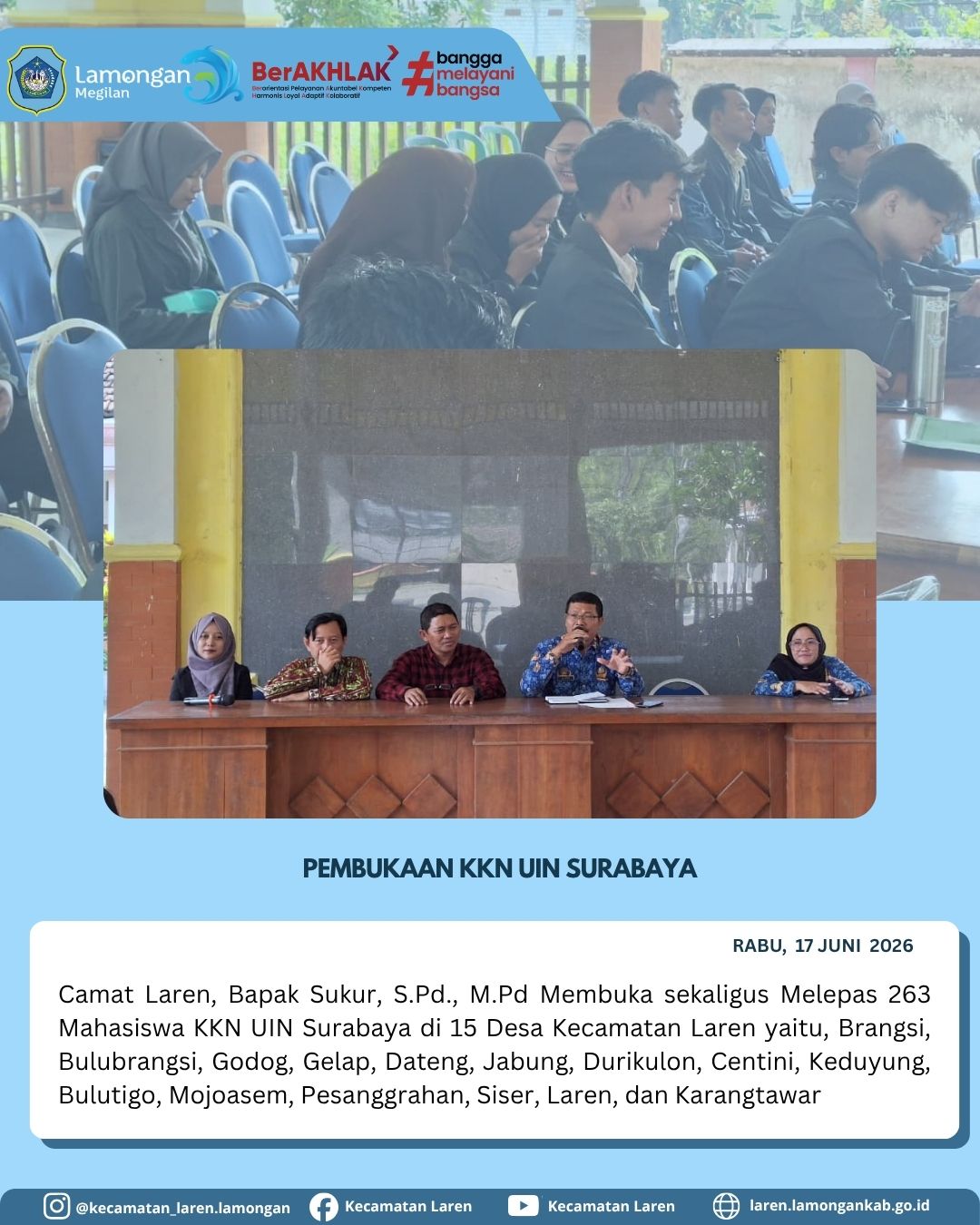 Sambut 263 Mahasiswa KKN UIN Surabaya, Camat Laren Resmi Buka dan Sebar Peserta di 15 Desa