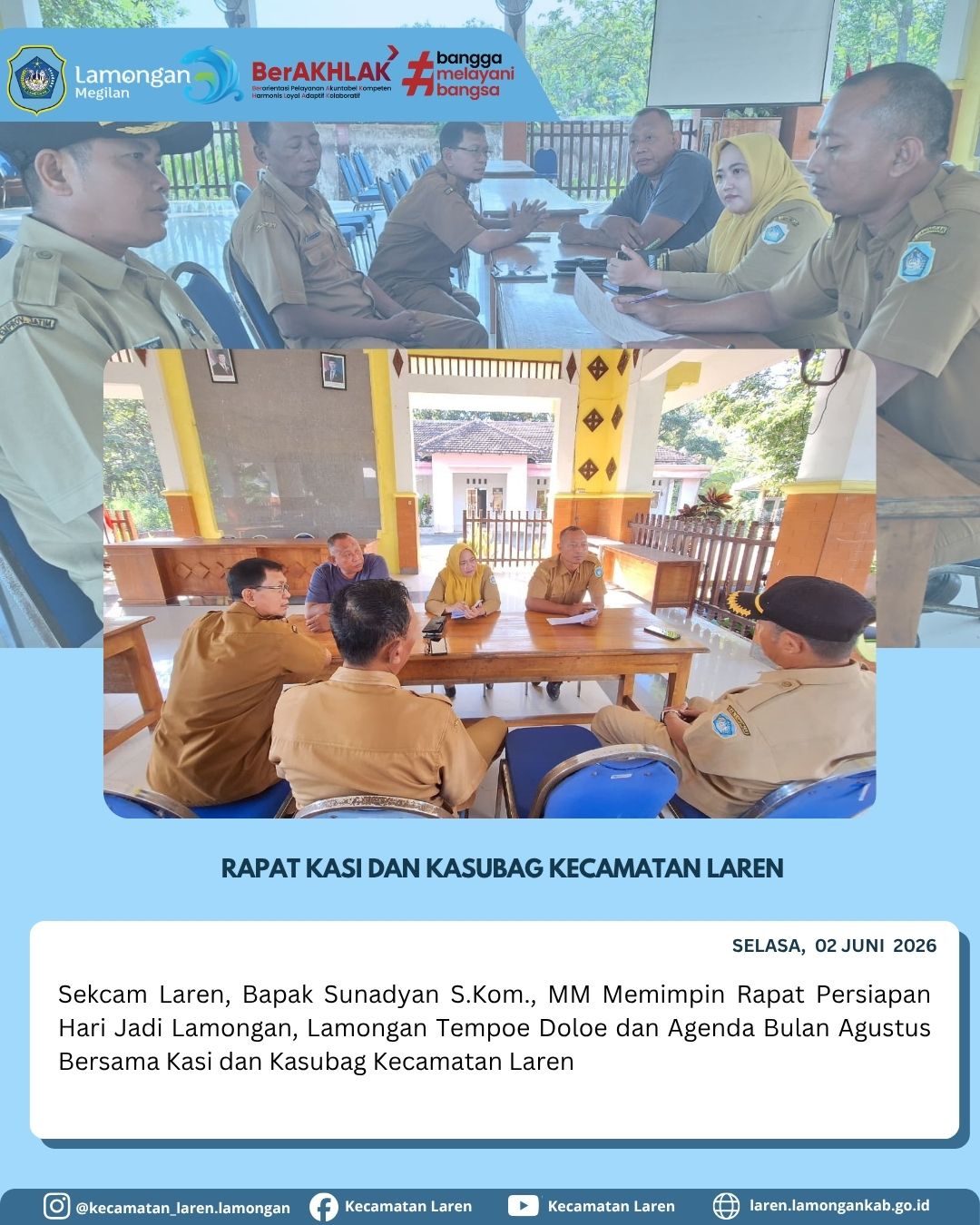 Foto: Sambut Hari Jadi Lamongan dan Agenda Agustus, Sekcam Laren Pimpin Rapat Persiapan Bersama Kasi dan Kasubag