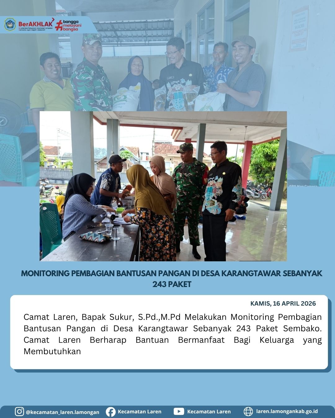 Foto: Camat Laren Monitoring Langsung Pembagian 243 Paket Bantuan Pangan di Desa Karangtawar