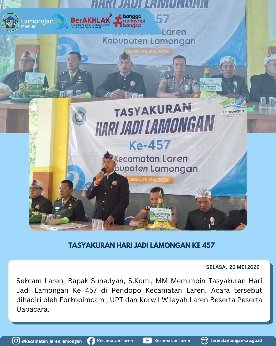 Foto: Rayakan Hari Jadi Lamongan ke-457, Jajaran Forkopimcam Laren Gelar Tasyakuran di Pendopo Kecamatan