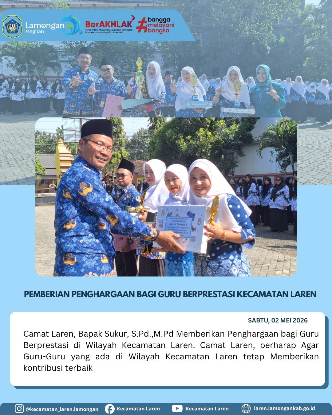 Foto: Apresiasi Dedikasi Pendidik, Camat Laren Serahkan Penghargaan bagi Guru Berprestasi