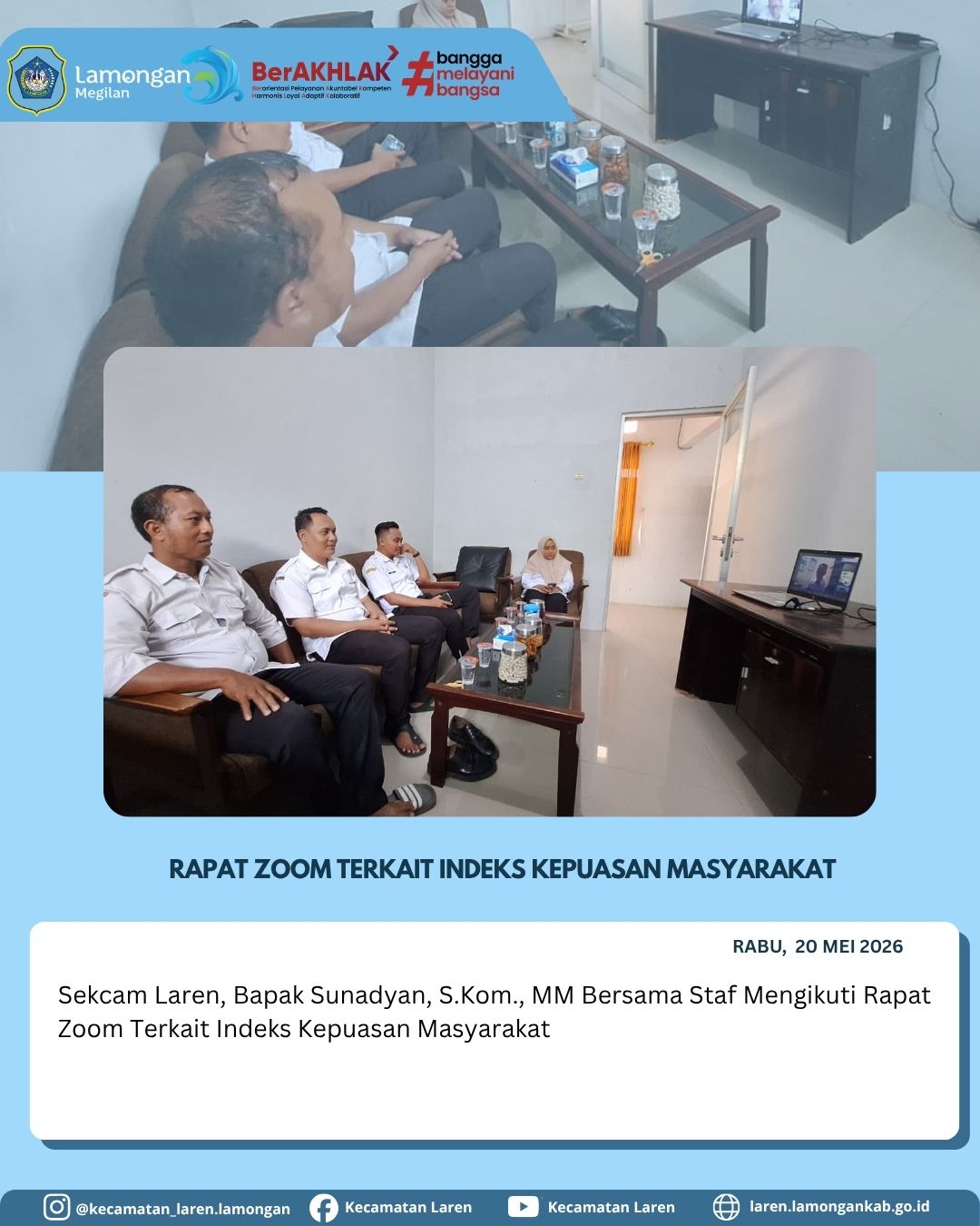 Foto: Komitmen Tingkatkan Mutu Pelayanan, Sekcam Laren dan Staf Ikuti Rapat Virtual Indeks Kepuasan Masyarakat