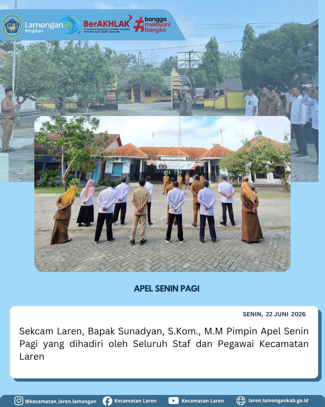 Foto: Tingkatkan Kedisiplinan Pelayanan, Sekcam Laren Pimpin Apel Senin Pagi Bersama Seluruh Staf