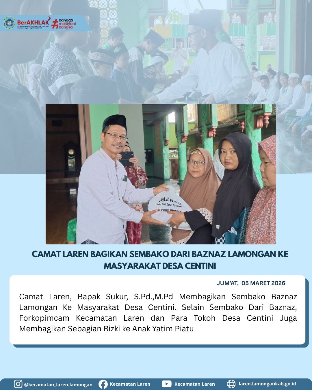 Foto: Camat Laren Salurkan Bantuan Sembako Baznas Lamongan kepada Masyarakat Desa Centini