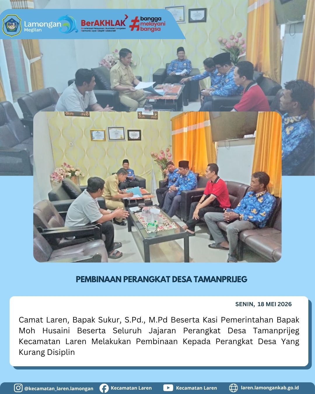 Foto: Tegakkan Kedisiplinan, Camat Laren Berikan Pembinaan Langsung kepada Perangkat Desa Tamanprijeg