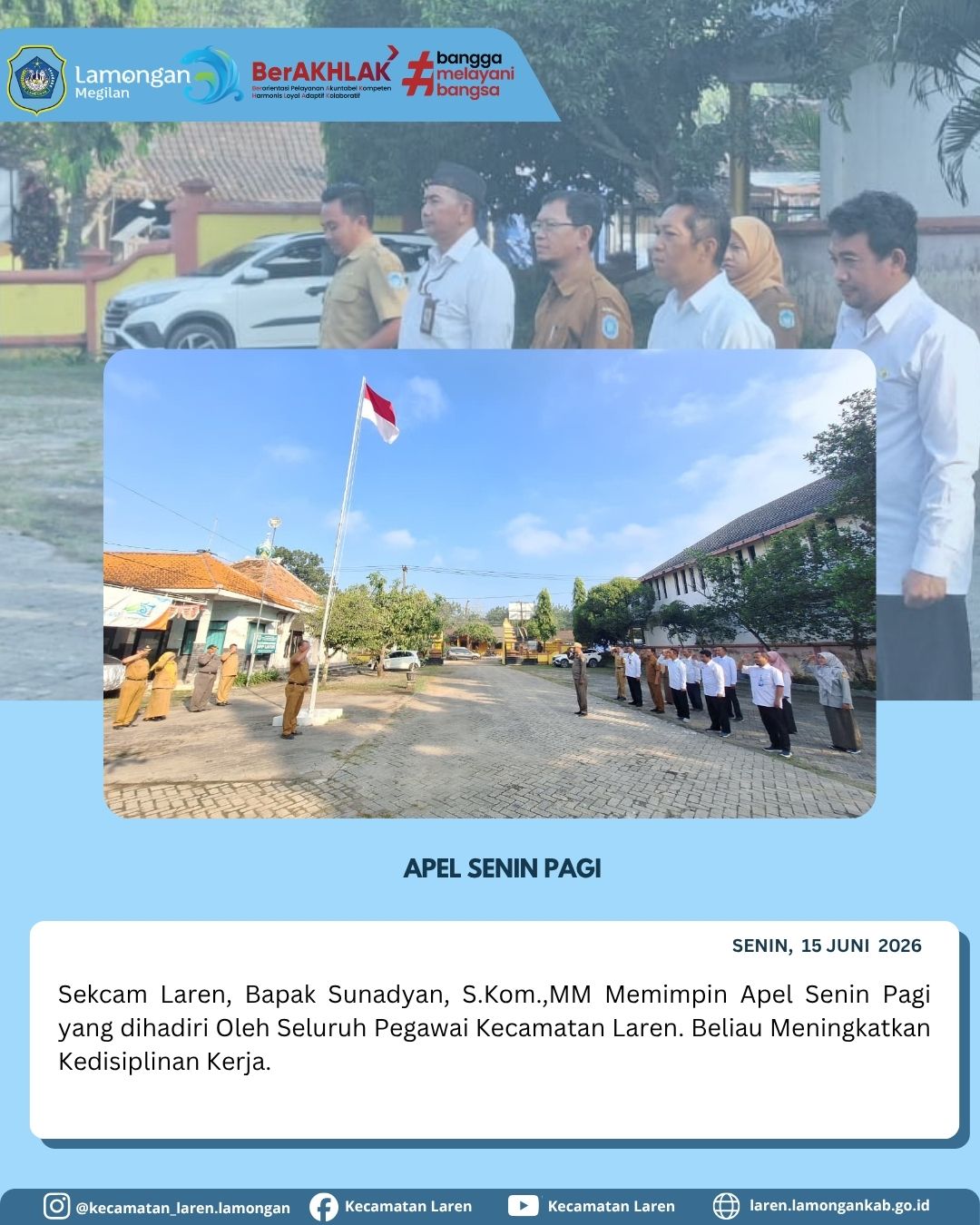 Foto: Tingkatkan Kedisiplinan Kerja, Sekcam Laren Pimpin Apel Senin Pagi