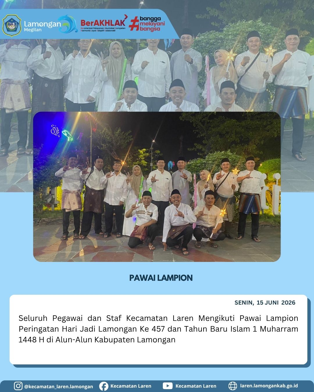 Meriahkan Hari Jadi Lamongan ke-457 dan Sambut 1 Muharram, Pegawai Kecamatan Laren Ikuti Pawai Lampion