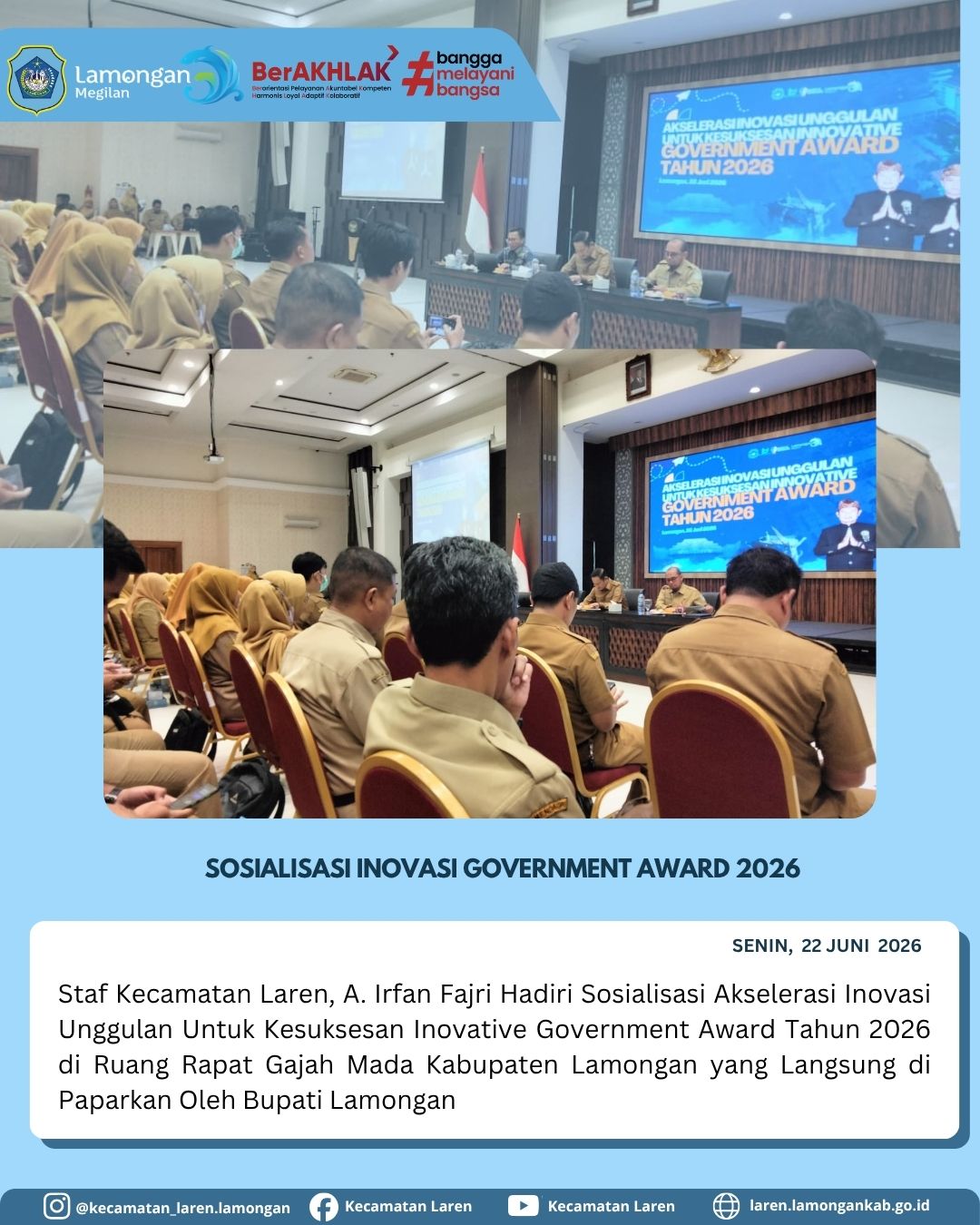 Foto: Dorong Akselerasi Inovasi Daerah, Staf Kecamatan Laren Hadiri Sosialisasi Innovative Government Award 2026