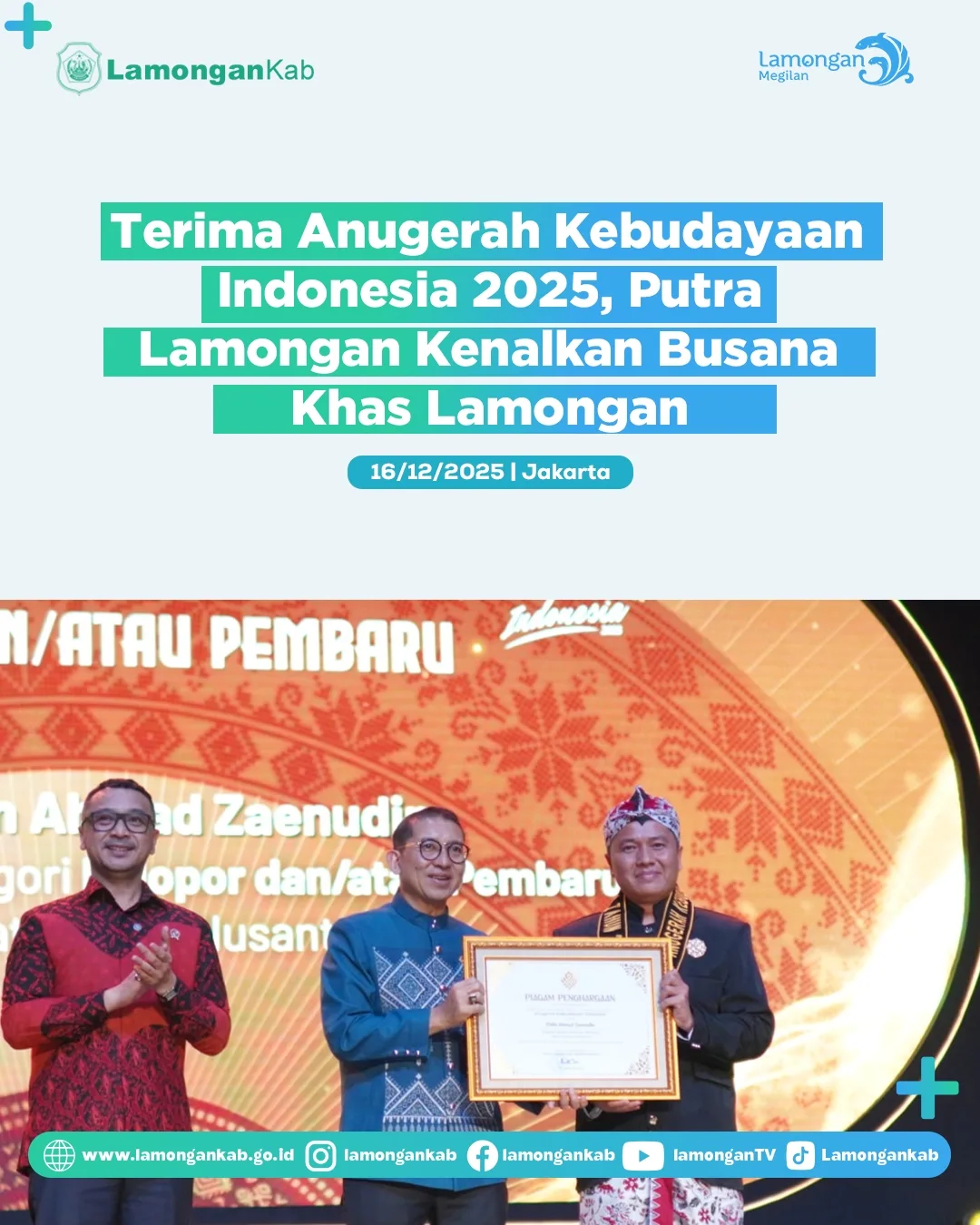 Foto: Terima Anugerah Kebudayaan Indonesia 2025, Putra Lamongan Kenalkan Busana Khas Lamongan
