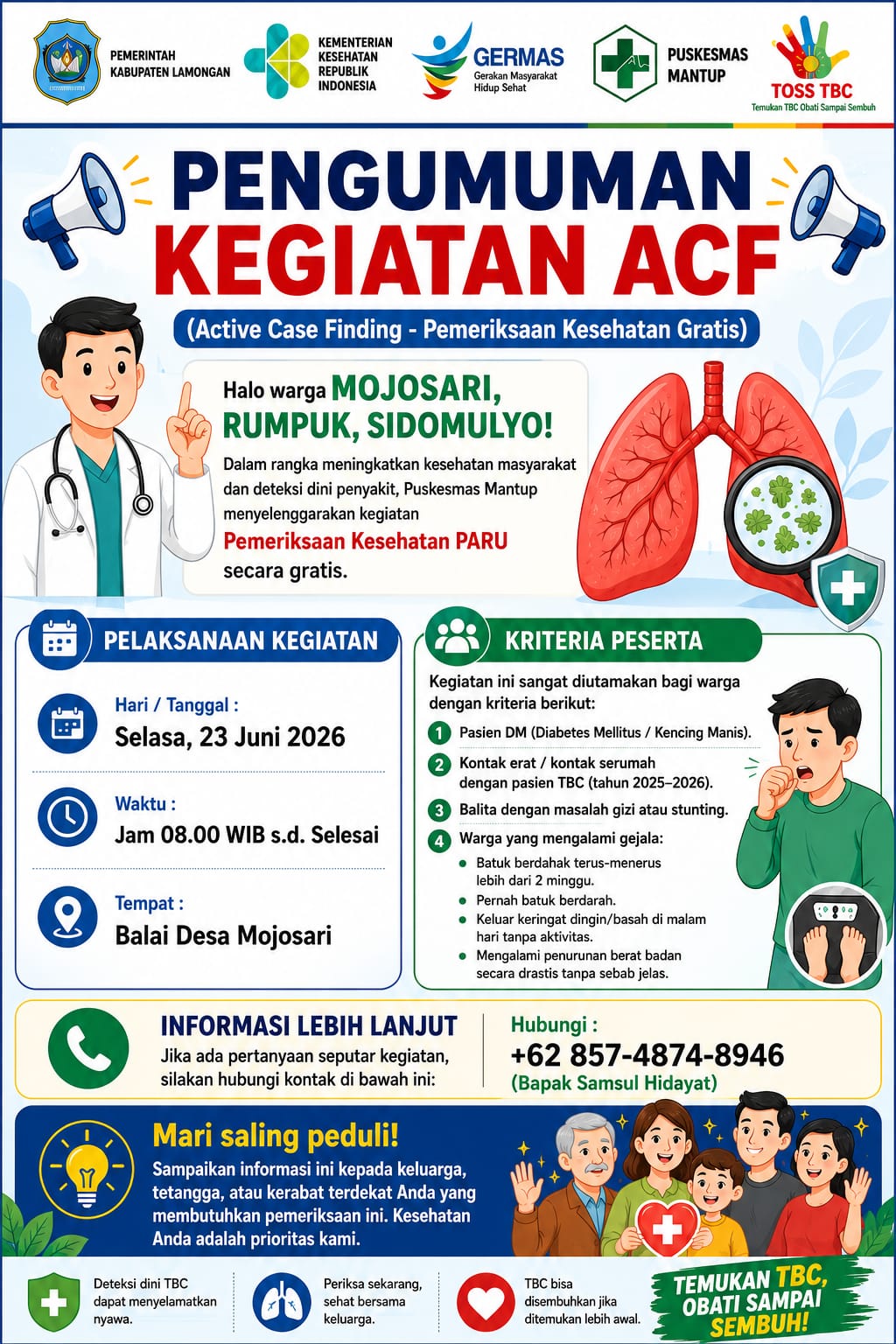 Foto: 📢 PENGUMUMAN KEGIATAN ACF (Active Case Finding) – Pemeriksaan Kesehatan Paru Gratis