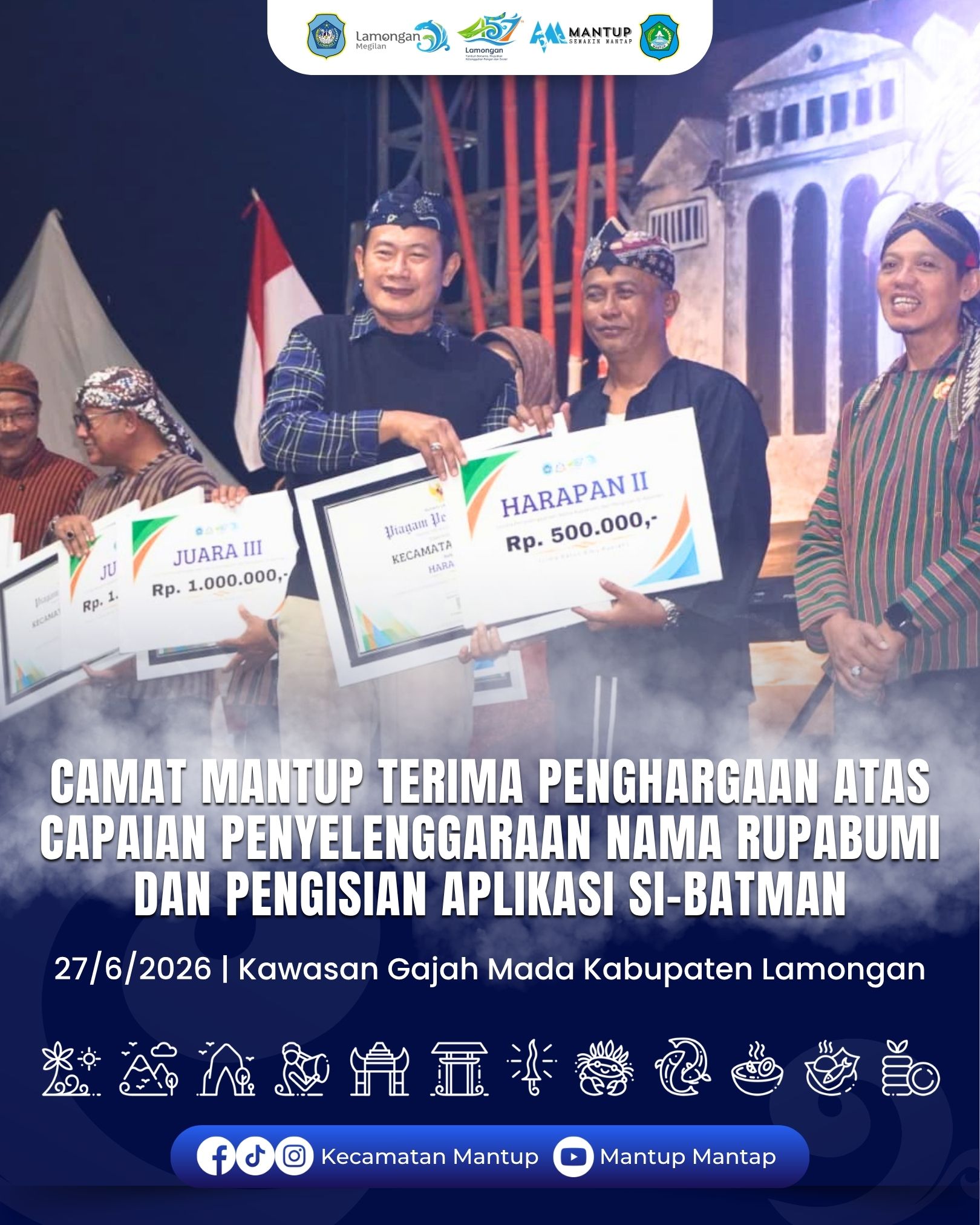 Camat Mantup Terima Penghargaan atas Capaian Penyelenggaraan Nama Rupabumi dan Pengisian Aplikasi Si-BATMAN