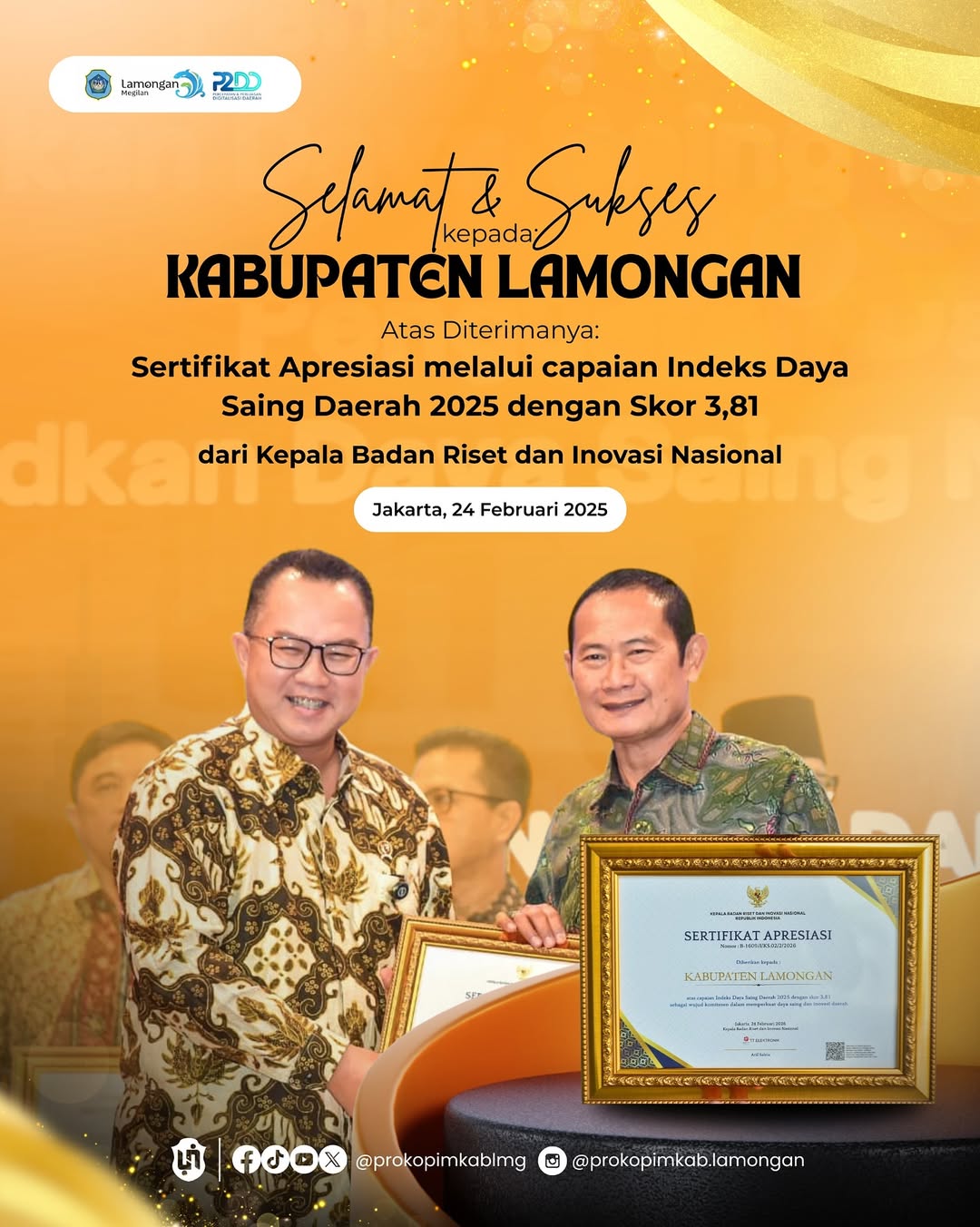 Foto: Berkomitmen Perkuat Daya Saing dan Inovasi Daerah, Kabupaten Lamongan Peroleh Sertifikat Apresiasi IDSD 2025