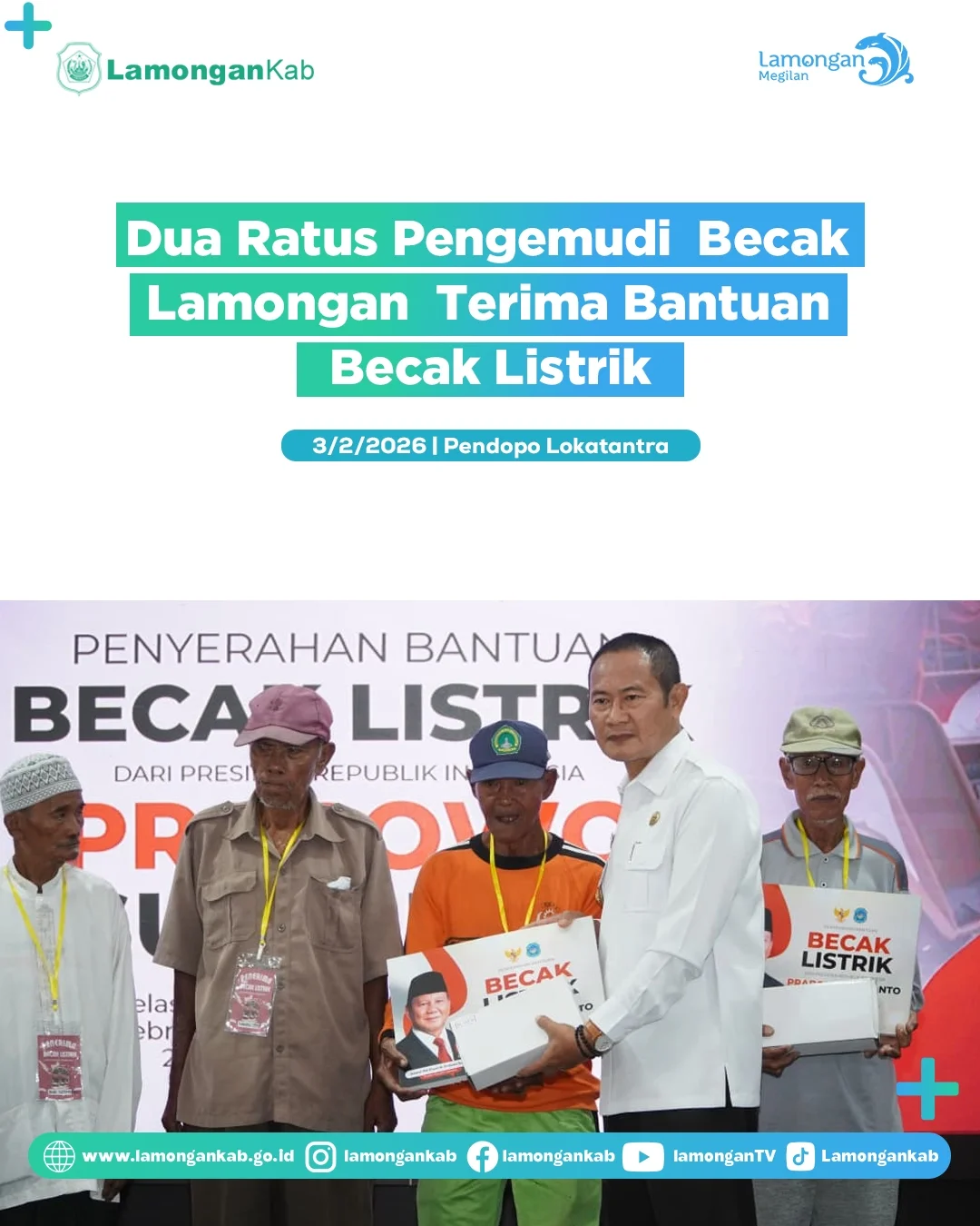 Foto: Dua Ratus Pengemudi Becak Lamongan Terima Bantuan Becak Listrik