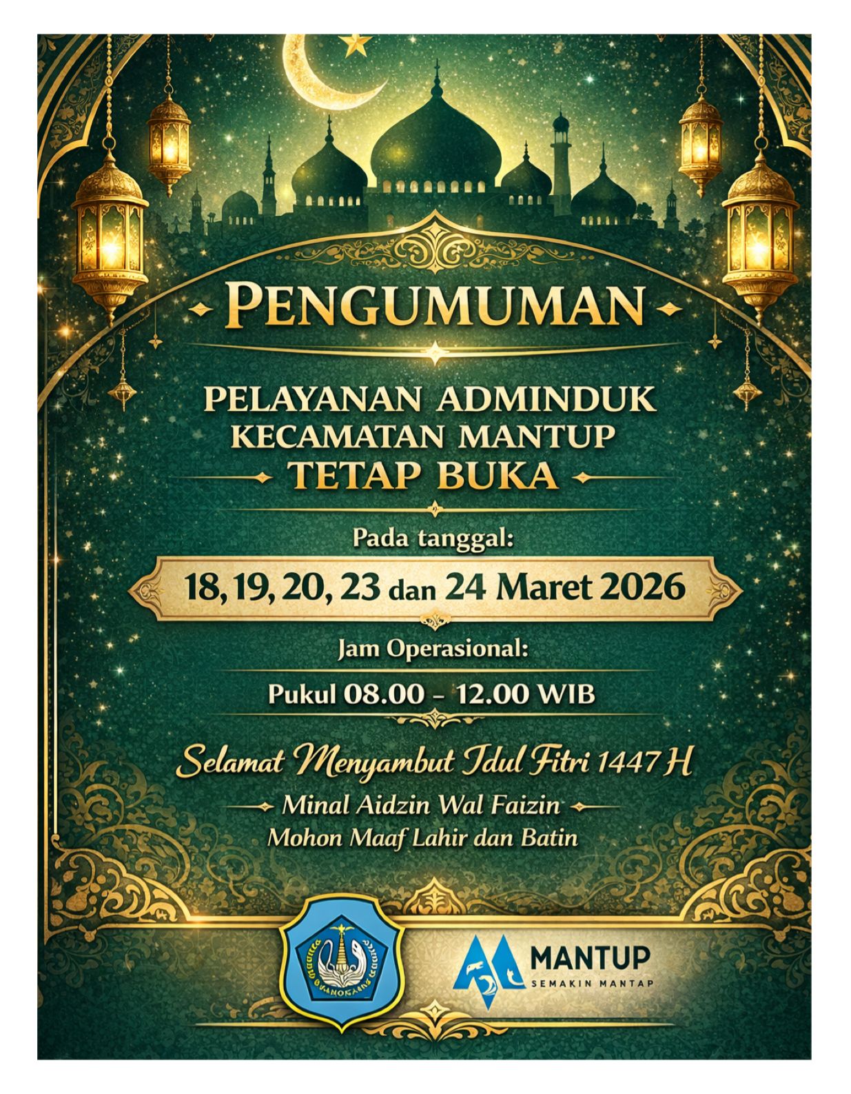 Foto: PENGUMUMAN!! Pelayanan Adminduk Kecamatan Mantup Tetap Buka Selama Libur Idulfitri 1447 H