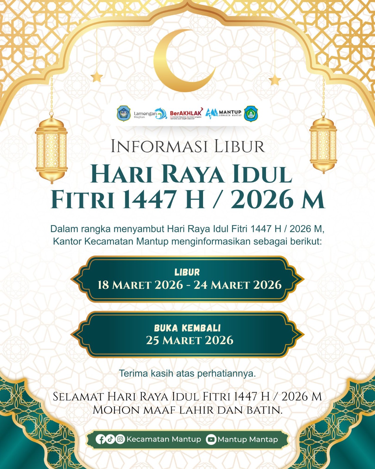 Foto: INFORMASI LIBUR!! Hari Raya Idulfitri 1447 Hijriah / 2026 Masehi