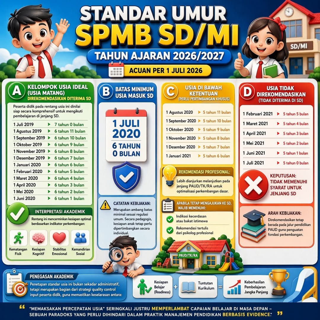 Foto: 📝 Standar Umur SPMB (Sistem Penerimaan Murid Baru) SD/MI Tahun Pelajaran 2026/2027