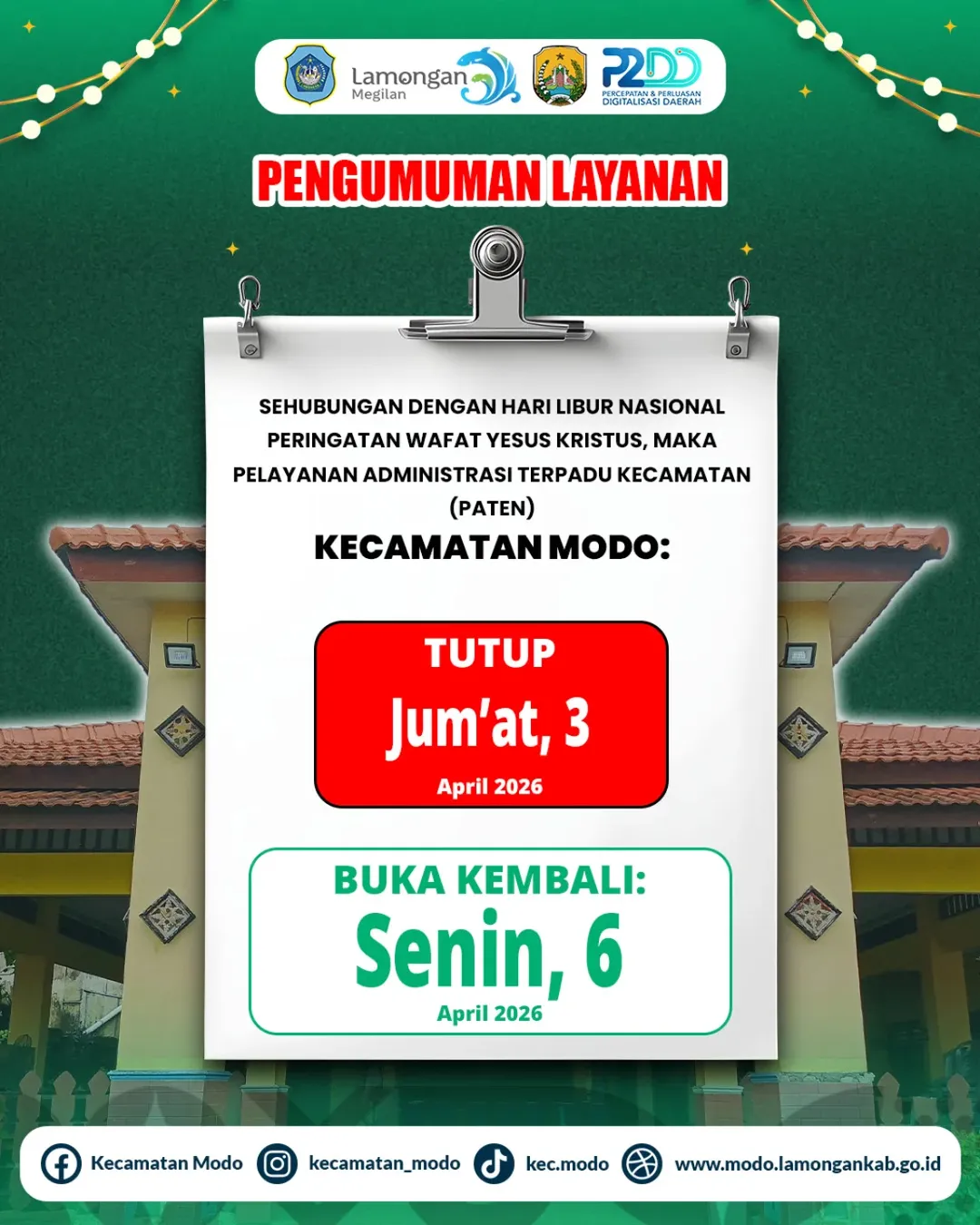 Foto: Pengumuman Libur Layanan Kecamatan Modo