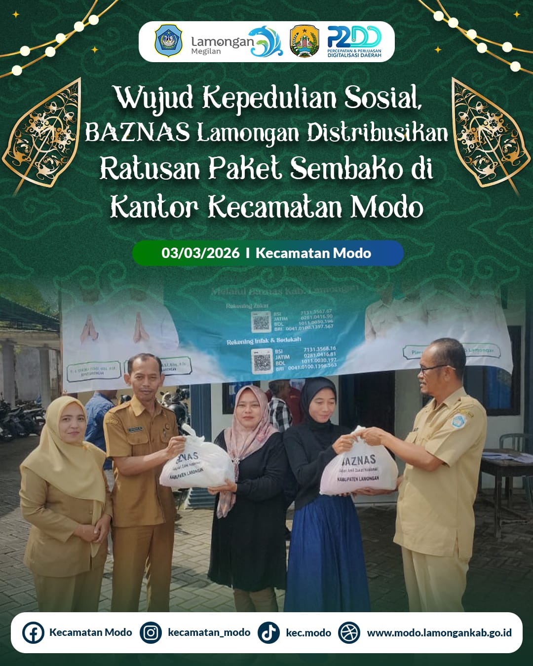 Foto: Wujud Kepedulian Sosial, BAZNAS Lamongan Distribusikan Ratusan Paket Sembako di Kantor Kecamatan Modo